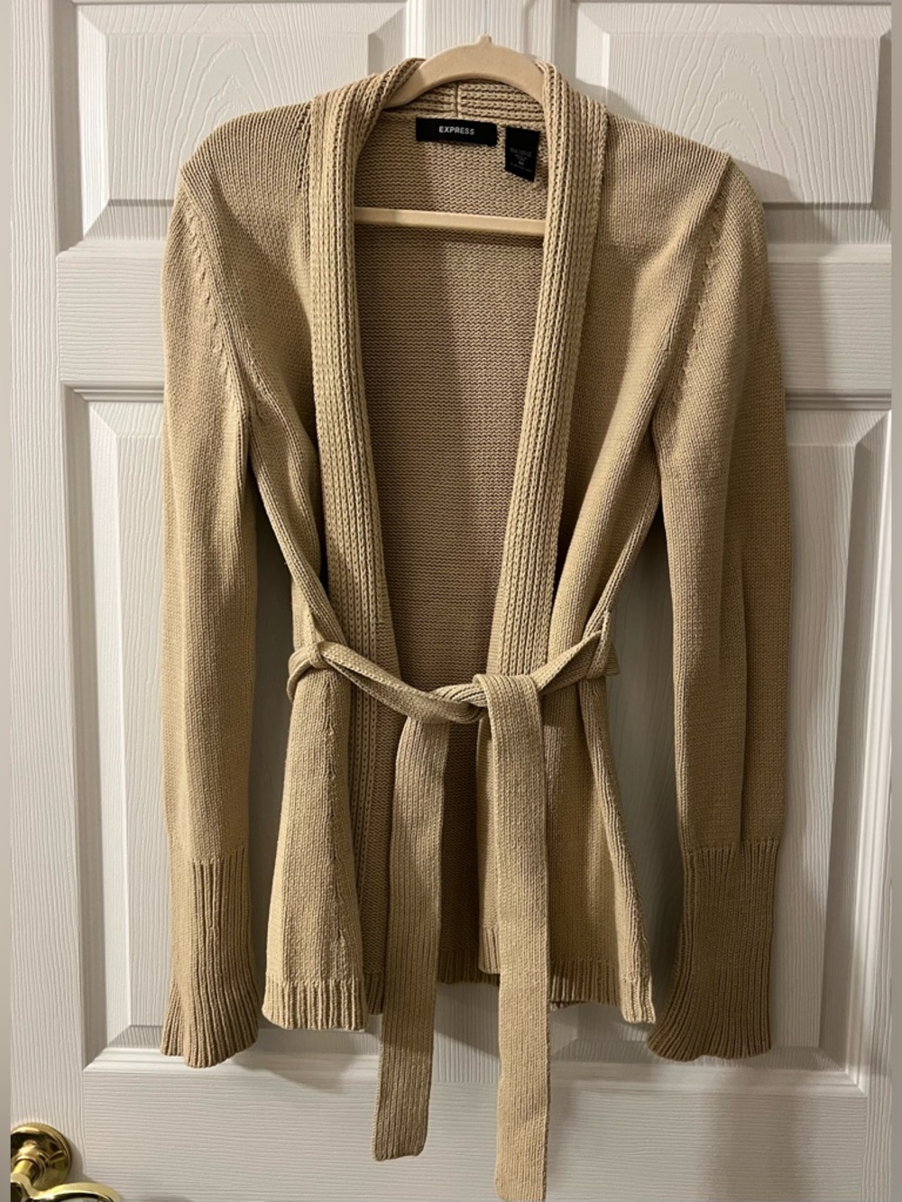 Express Beige Belted Open-Front Cardigan